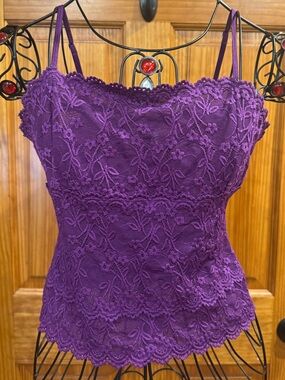 Purple Lined Floral Elastic Lace Tank Top Camisole Cropped Adjustable Straps Med